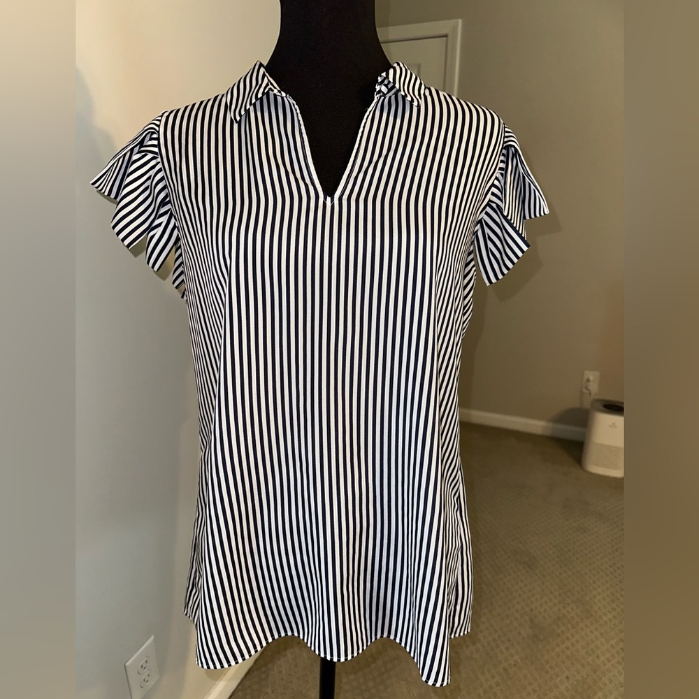 Banana Republic White and Blue Flutter Sleeve Polo Blouse